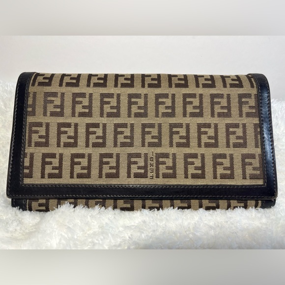 Fendi Handbags - Fendi Zucchino Canvas and Leather Flap Continental Wallet, Vintage-brown/beige